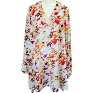 Terra & Sky Plus 2X Orange/Yellow/White Abstract Long Sleeve Hi-Lo Blouse
